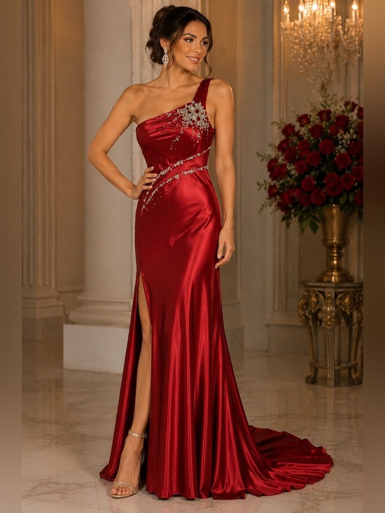 Kiss Kiss Dresses & Skirts - Kiss Kiss Red One Shoulder Formal Gown Beaded Sequin Train Size 10